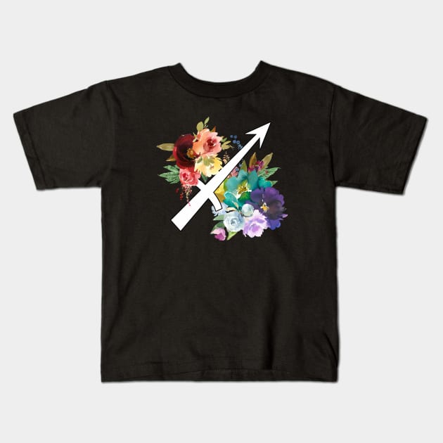 Sagittarius Horoscope Zodiac Rainbow Flowers Design Kids T-Shirt by bumblefuzzies